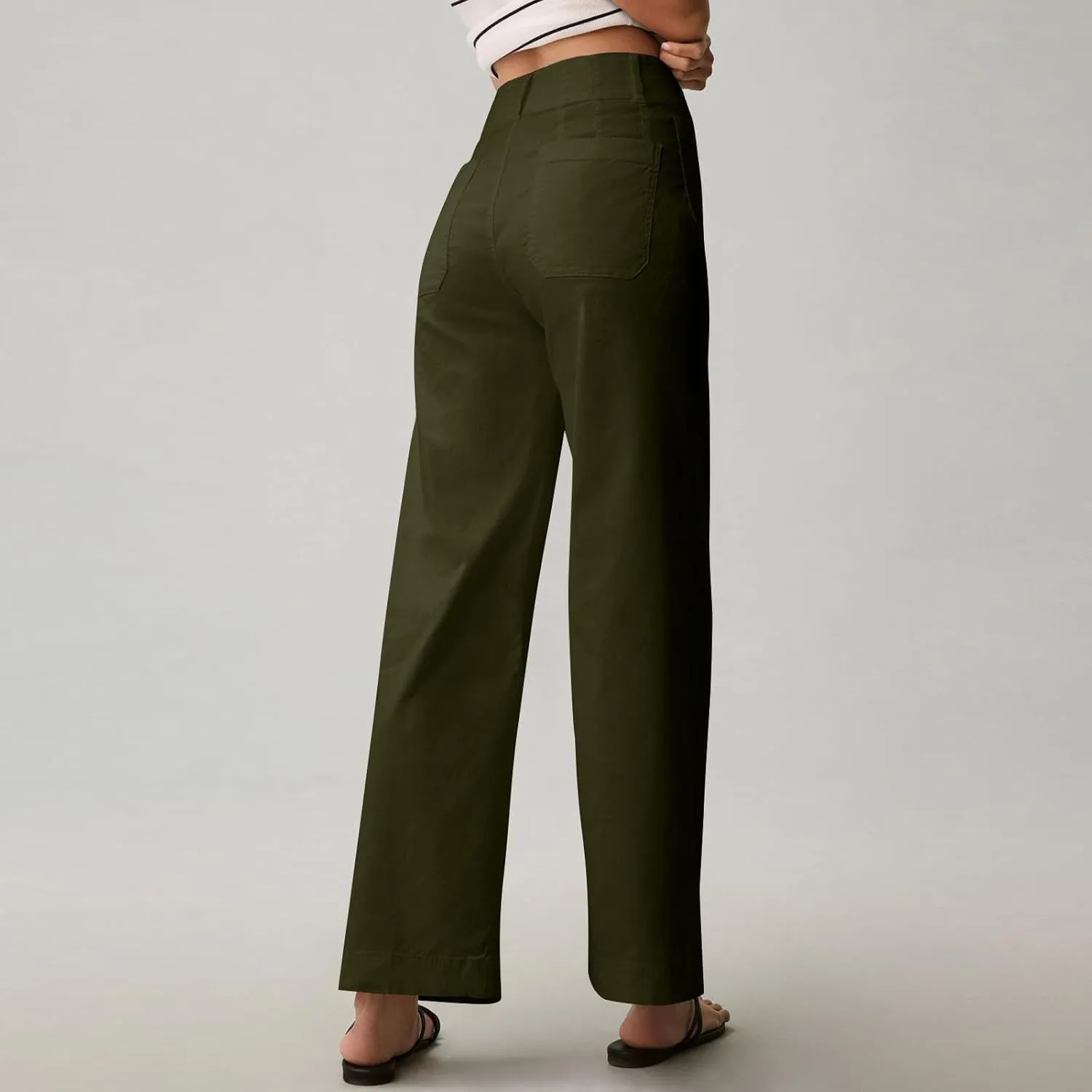 2024 Women Stretch Twill Cropped Jeans Wide Straight Leg Pants with Patch Pocket Trendy Pants Casual Ankle Trouser