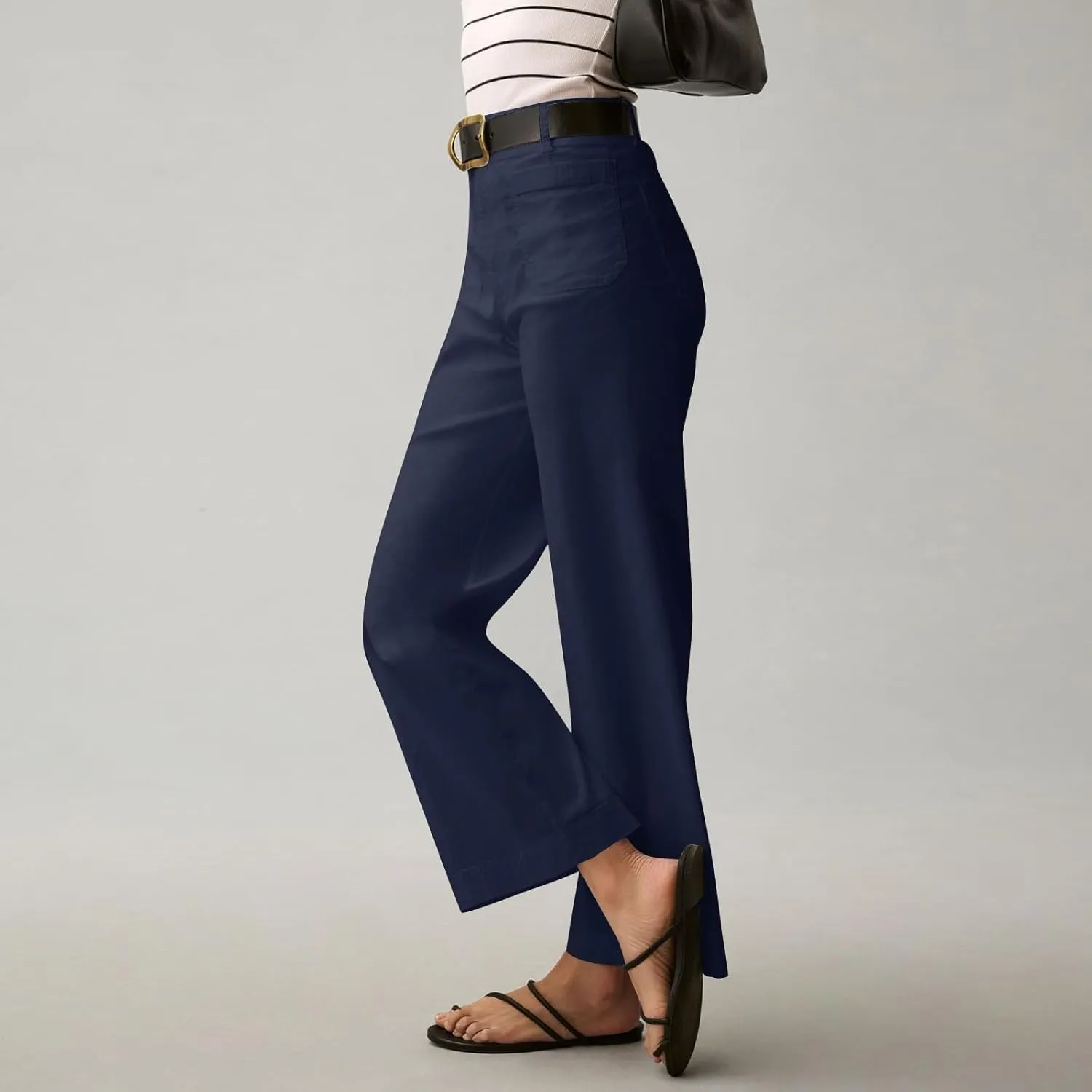 2024 Women Stretch Twill Cropped Jeans Wide Straight Leg Pants with Patch Pocket Trendy Pants Casual Ankle Trouser