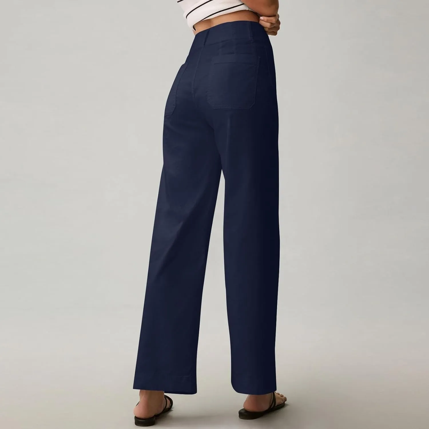 2024 Women Stretch Twill Cropped Jeans Wide Straight Leg Pants with Patch Pocket Trendy Pants Casual Ankle Trouser