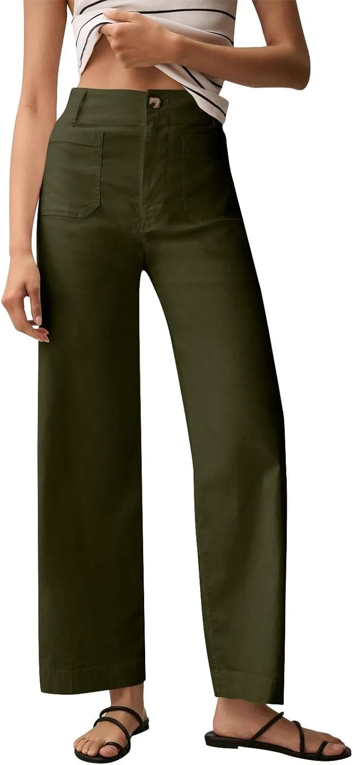2024 Women Stretch Twill Cropped Jeans Wide Straight Leg Pants with Patch Pocket Trendy Pants Casual Ankle Trouser