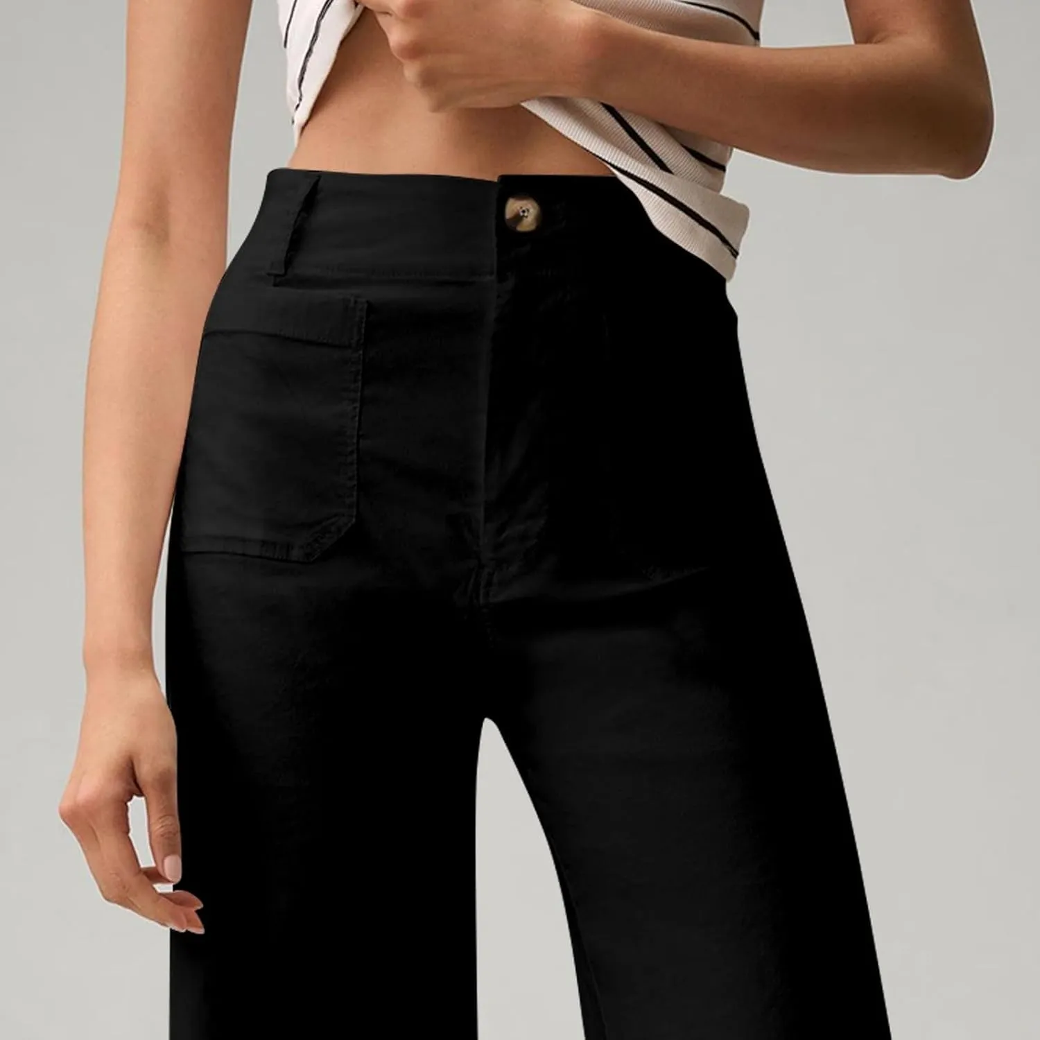 2024 Women Stretch Twill Cropped Jeans Wide Straight Leg Pants with Patch Pocket Trendy Pants Casual Ankle Trouser