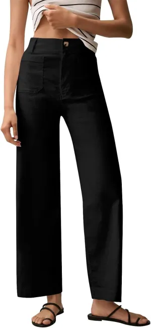 2024 Women Stretch Twill Cropped Jeans Wide Straight Leg Pants with Patch Pocket Trendy Pants Casual Ankle Trouser