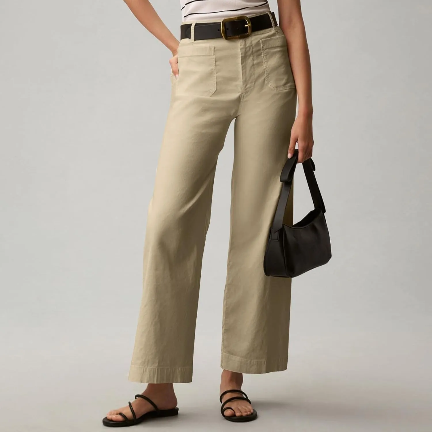 2024 Women Stretch Twill Cropped Jeans Wide Straight Leg Pants with Patch Pocket Trendy Pants Casual Ankle Trouser