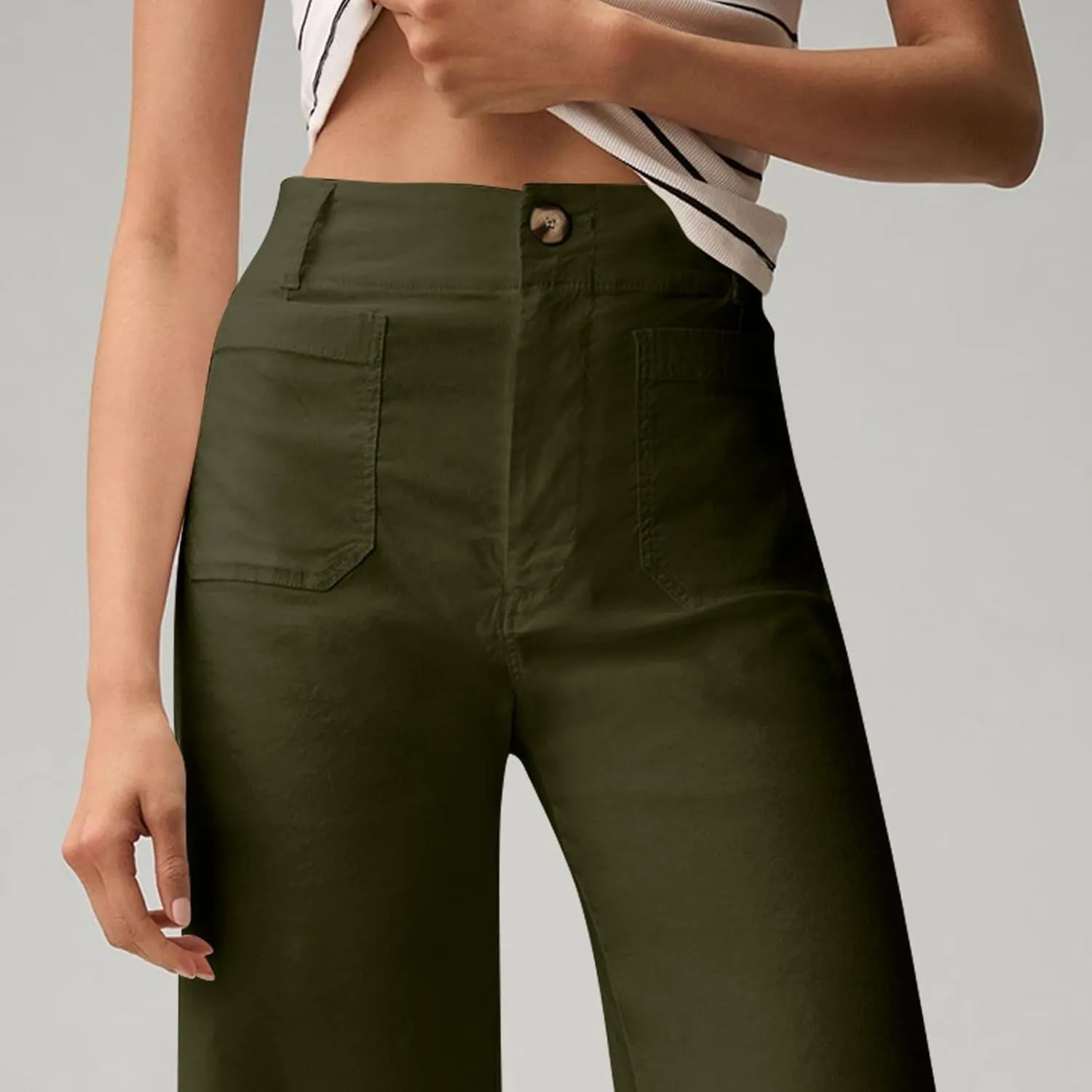 2024 Women Stretch Twill Cropped Jeans Wide Straight Leg Pants with Patch Pocket Trendy Pants Casual Ankle Trouser