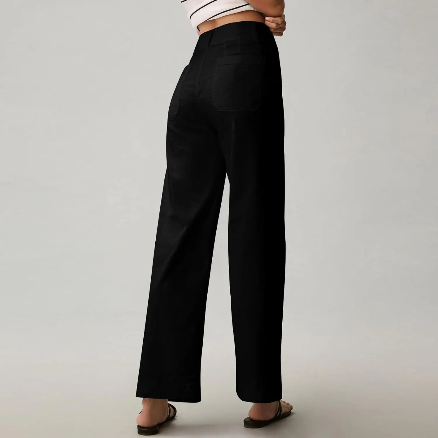 2024 Women Stretch Twill Cropped Jeans Wide Straight Leg Pants with Patch Pocket Trendy Pants Casual Ankle Trouser
