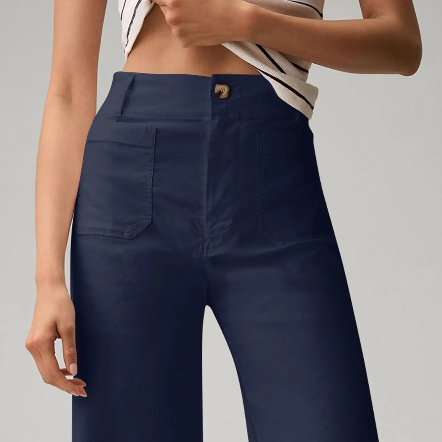 2024 Women Stretch Twill Cropped Jeans Wide Straight Leg Pants with Patch Pocket Trendy Pants Casual Ankle Trouser