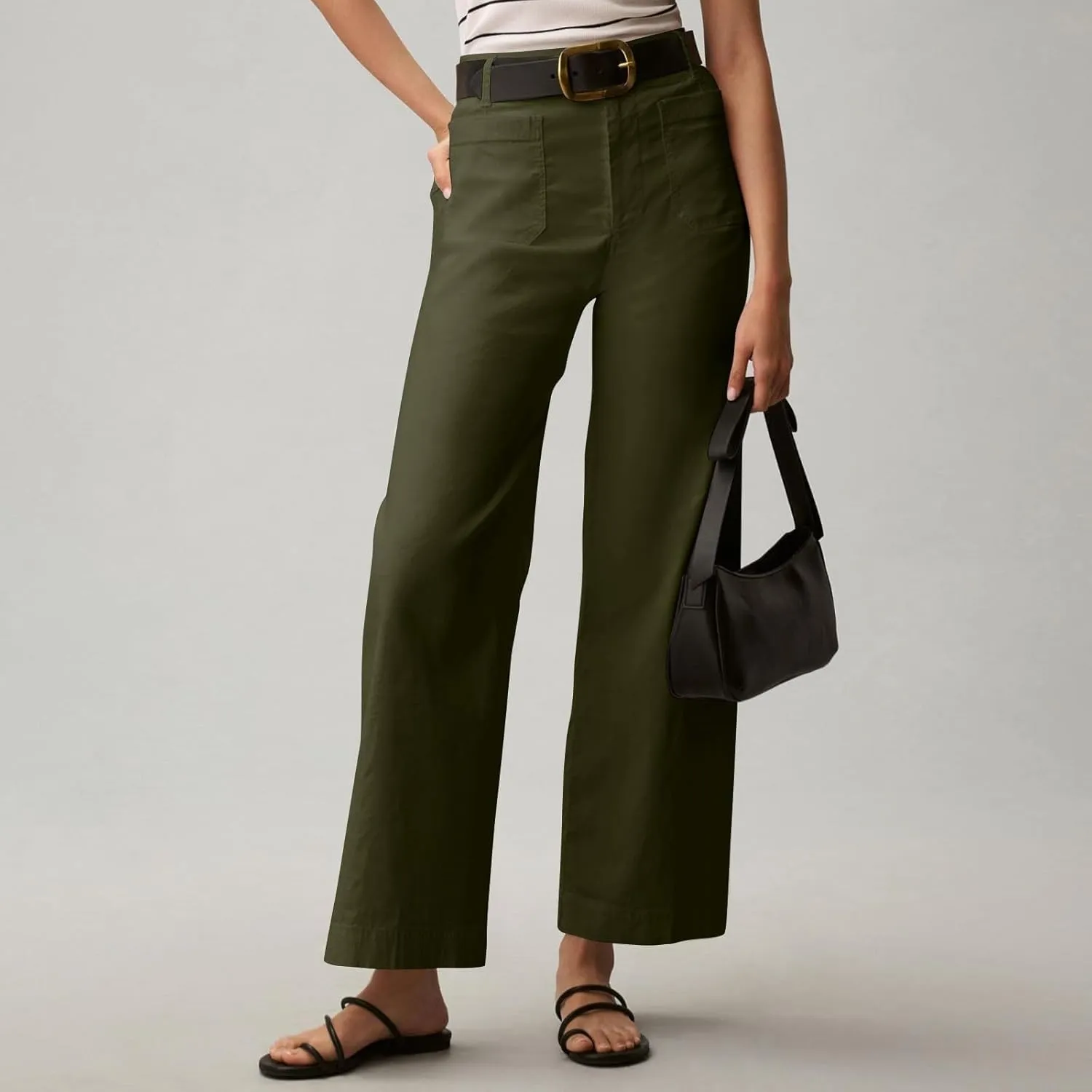 2024 Women Stretch Twill Cropped Jeans Wide Straight Leg Pants with Patch Pocket Trendy Pants Casual Ankle Trouser