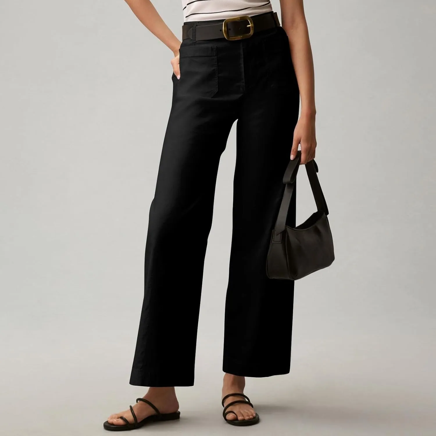 2024 Women Stretch Twill Cropped Jeans Wide Straight Leg Pants with Patch Pocket Trendy Pants Casual Ankle Trouser