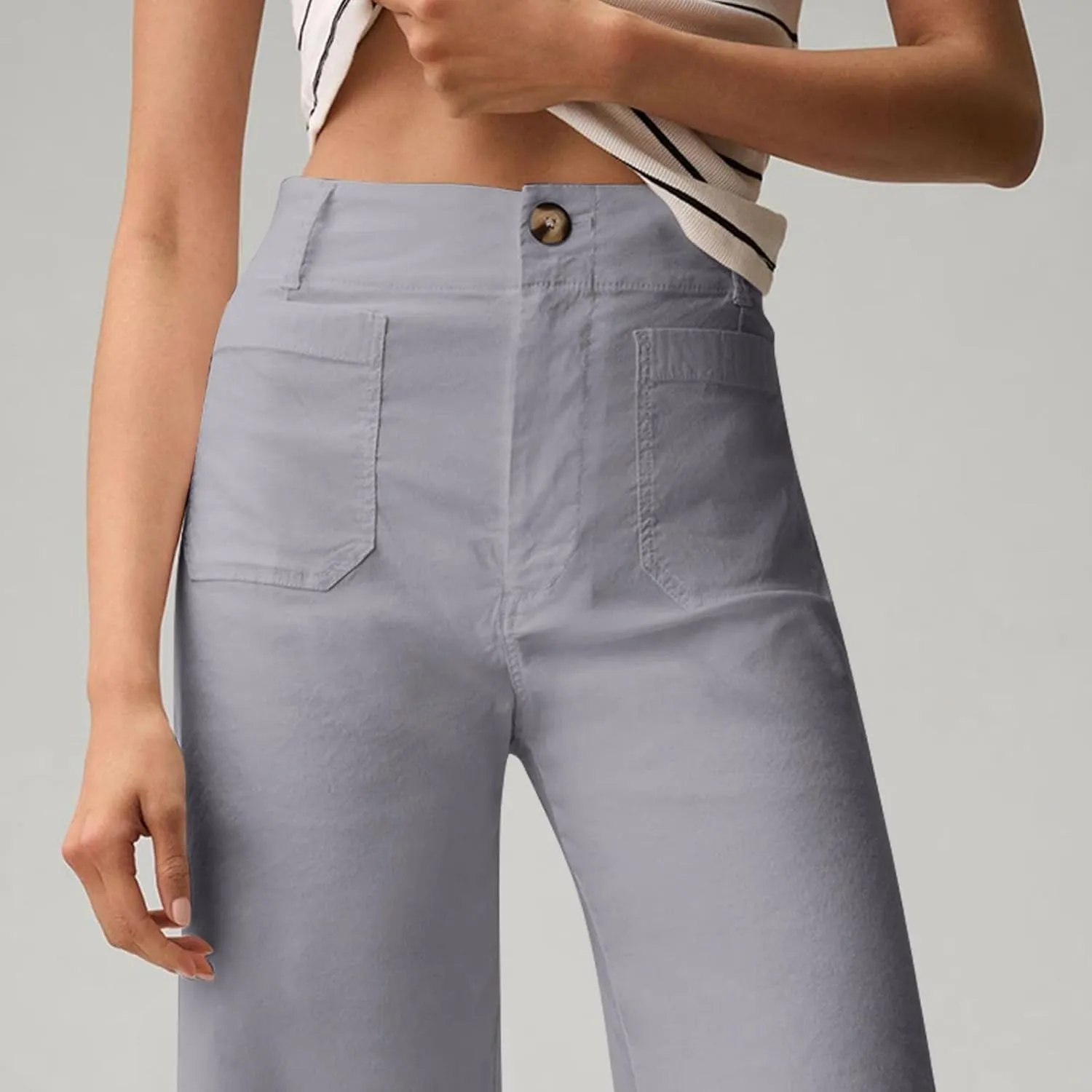 2024 Women Stretch Twill Cropped Jeans Wide Straight Leg Pants with Patch Pocket Trendy Pants Casual Ankle Trouser
