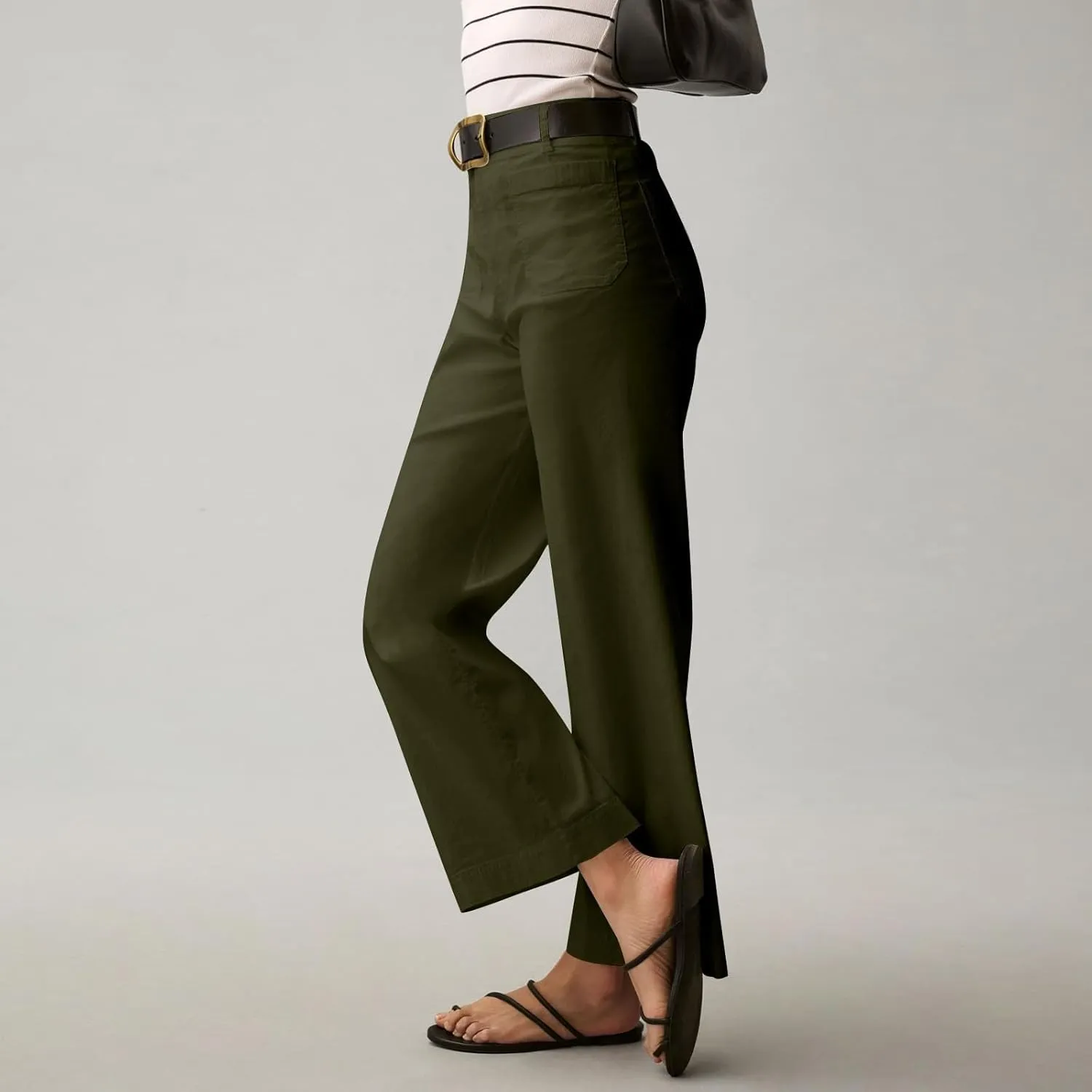 2024 Women Stretch Twill Cropped Jeans Wide Straight Leg Pants with Patch Pocket Trendy Pants Casual Ankle Trouser