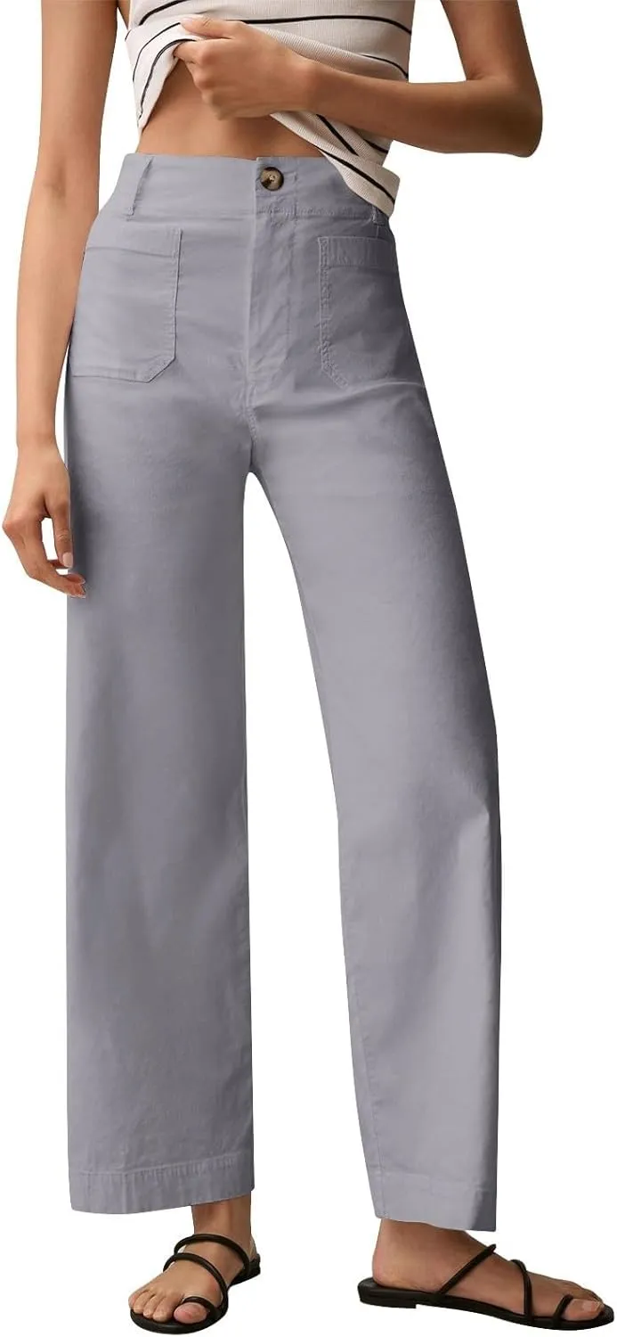2024 Women Stretch Twill Cropped Jeans Wide Straight Leg Pants with Patch Pocket Trendy Pants Casual Ankle Trouser