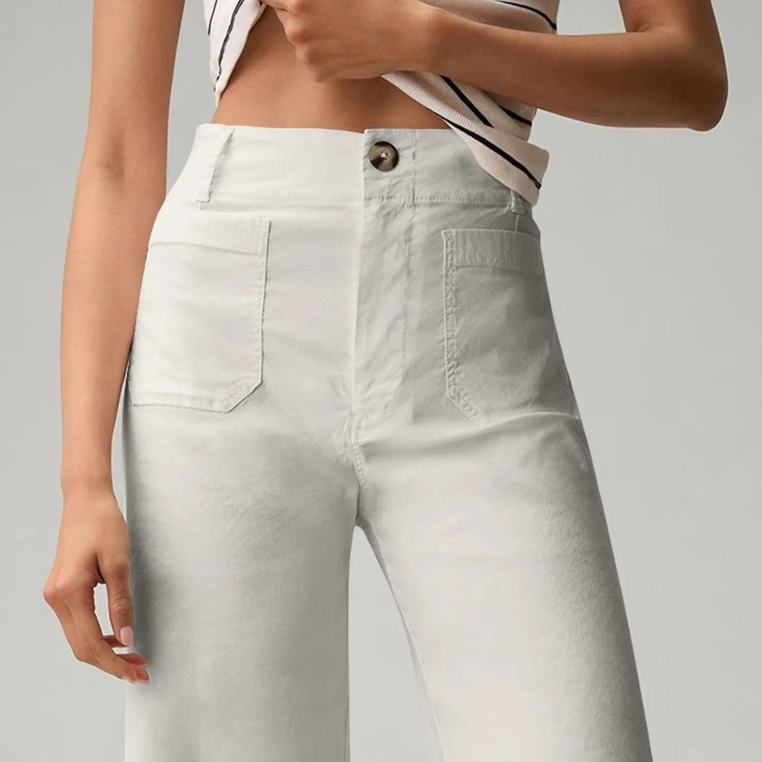 2024 Women Stretch Twill Cropped Jeans Wide Straight Leg Pants with Patch Pocket Trendy Pants Casual Ankle Trouser