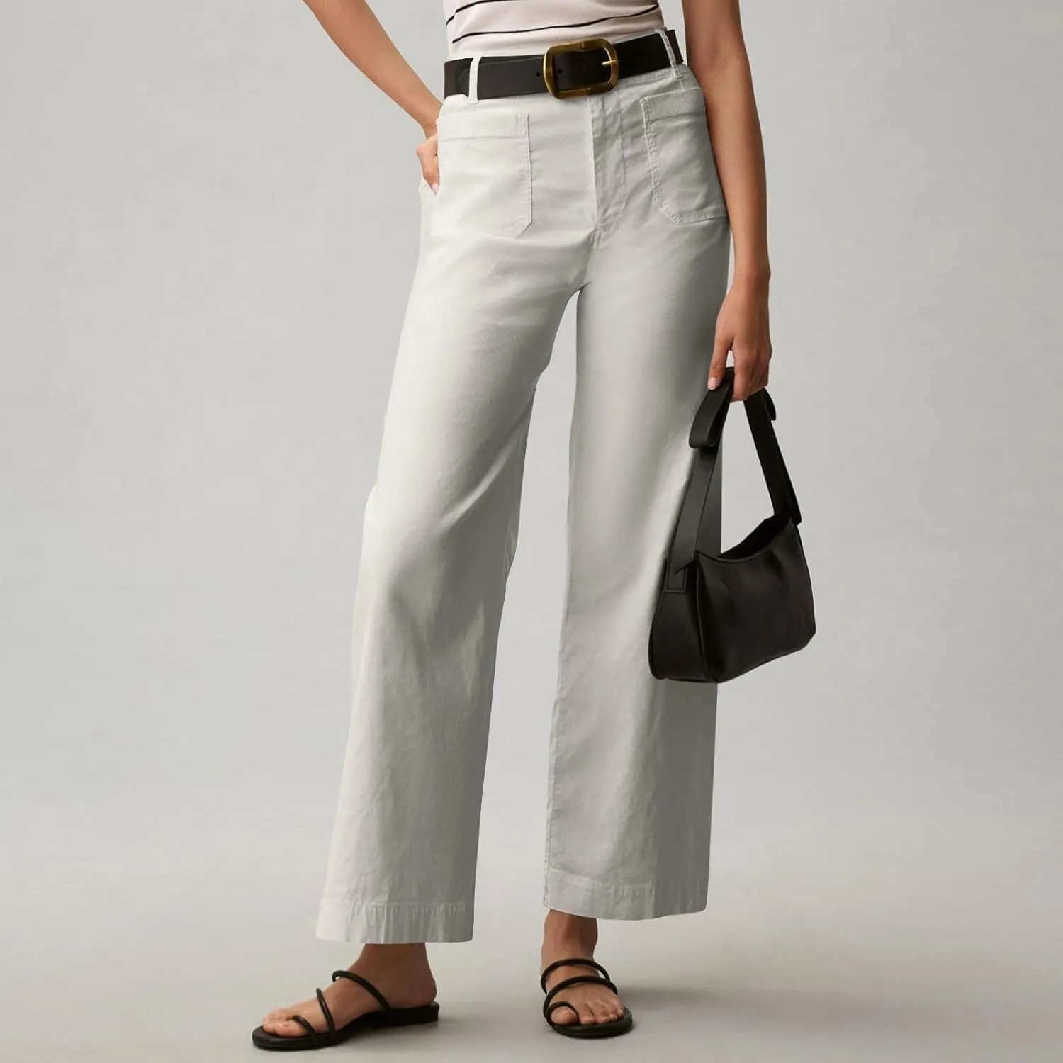 2024 Women Stretch Twill Cropped Jeans Wide Straight Leg Pants with Patch Pocket Trendy Pants Casual Ankle Trouser