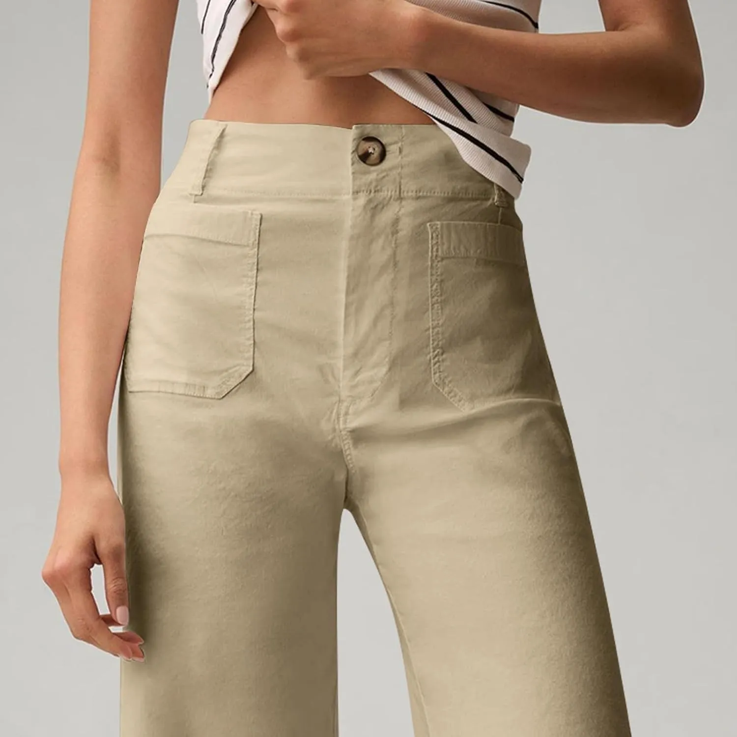 2024 Women Stretch Twill Cropped Jeans Wide Straight Leg Pants with Patch Pocket Trendy Pants Casual Ankle Trouser
