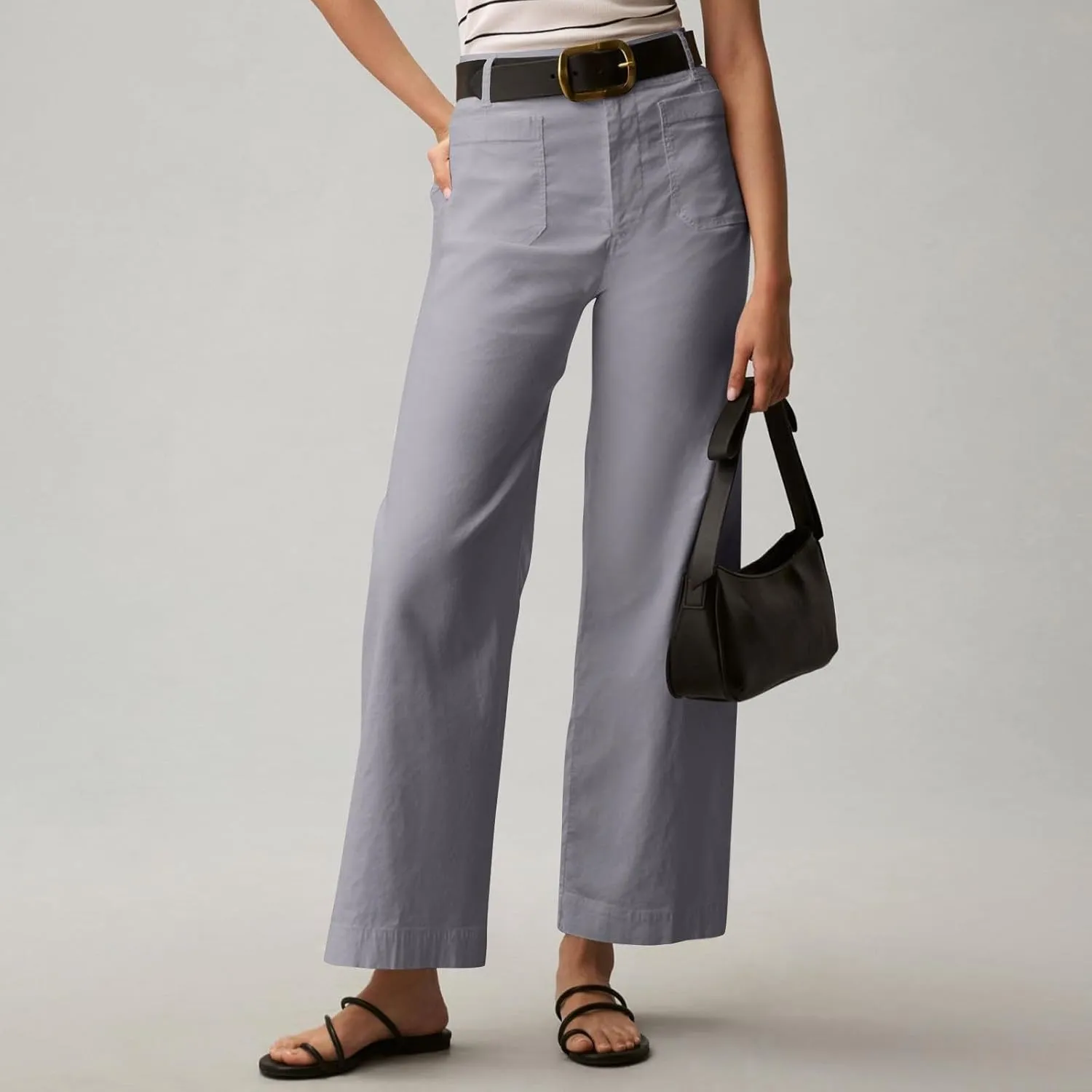 2024 Women Stretch Twill Cropped Jeans Wide Straight Leg Pants with Patch Pocket Trendy Pants Casual Ankle Trouser