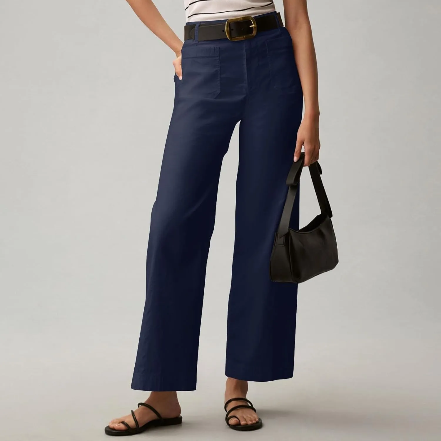 2024 Women Stretch Twill Cropped Jeans Wide Straight Leg Pants with Patch Pocket Trendy Pants Casual Ankle Trouser