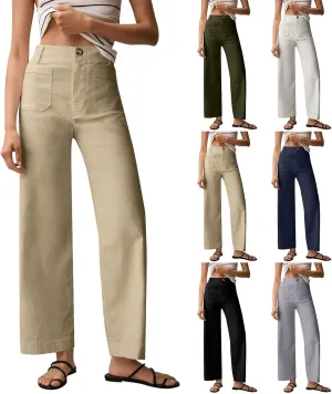 2024 Women Stretch Twill Cropped Jeans Wide Straight Leg Pants with Patch Pocket Trendy Pants Casual Ankle Trouser