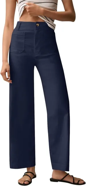 2024 Women Stretch Twill Cropped Jeans Wide Straight Leg Pants with Patch Pocket Trendy Pants Casual Ankle Trouser