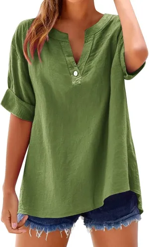 2025 Summer Linen Shirts for Women Button Up V Neck Boho Tunic Tops Short Sleeve Dressy Casual Blouses Spring Clothes