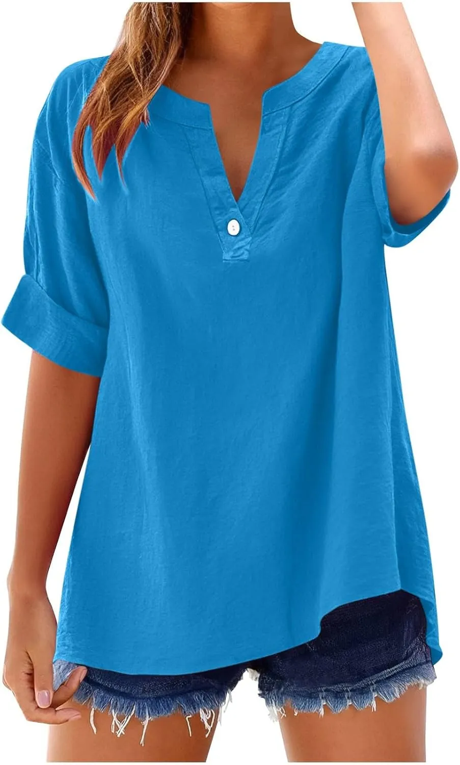 2025 Summer Linen Shirts for Women Button Up V Neck Boho Tunic Tops Short Sleeve Dressy Casual Blouses Spring Clothes