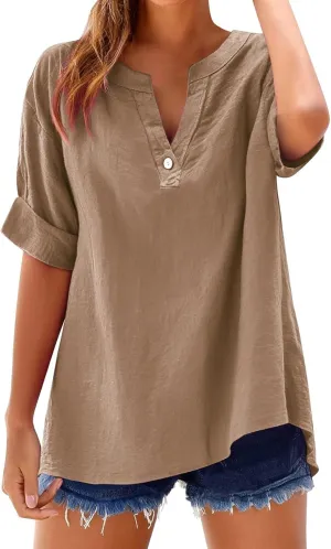 2025 Summer Linen Shirts for Women Button Up V Neck Boho Tunic Tops Short Sleeve Dressy Casual Blouses Spring Clothes