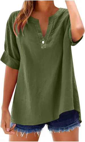2025 Summer Linen Shirts for Women Button Up V Neck Boho Tunic Tops Short Sleeve Dressy Casual Blouses Spring Clothes