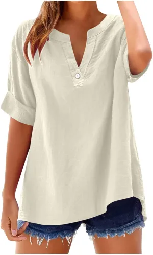 2025 Summer Linen Shirts for Women Button Up V Neck Boho Tunic Tops Short Sleeve Dressy Casual Blouses Spring Clothes
