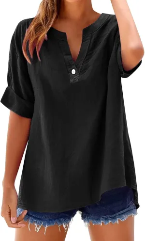 2025 Summer Linen Shirts for Women Button Up V Neck Boho Tunic Tops Short Sleeve Dressy Casual Blouses Spring Clothes