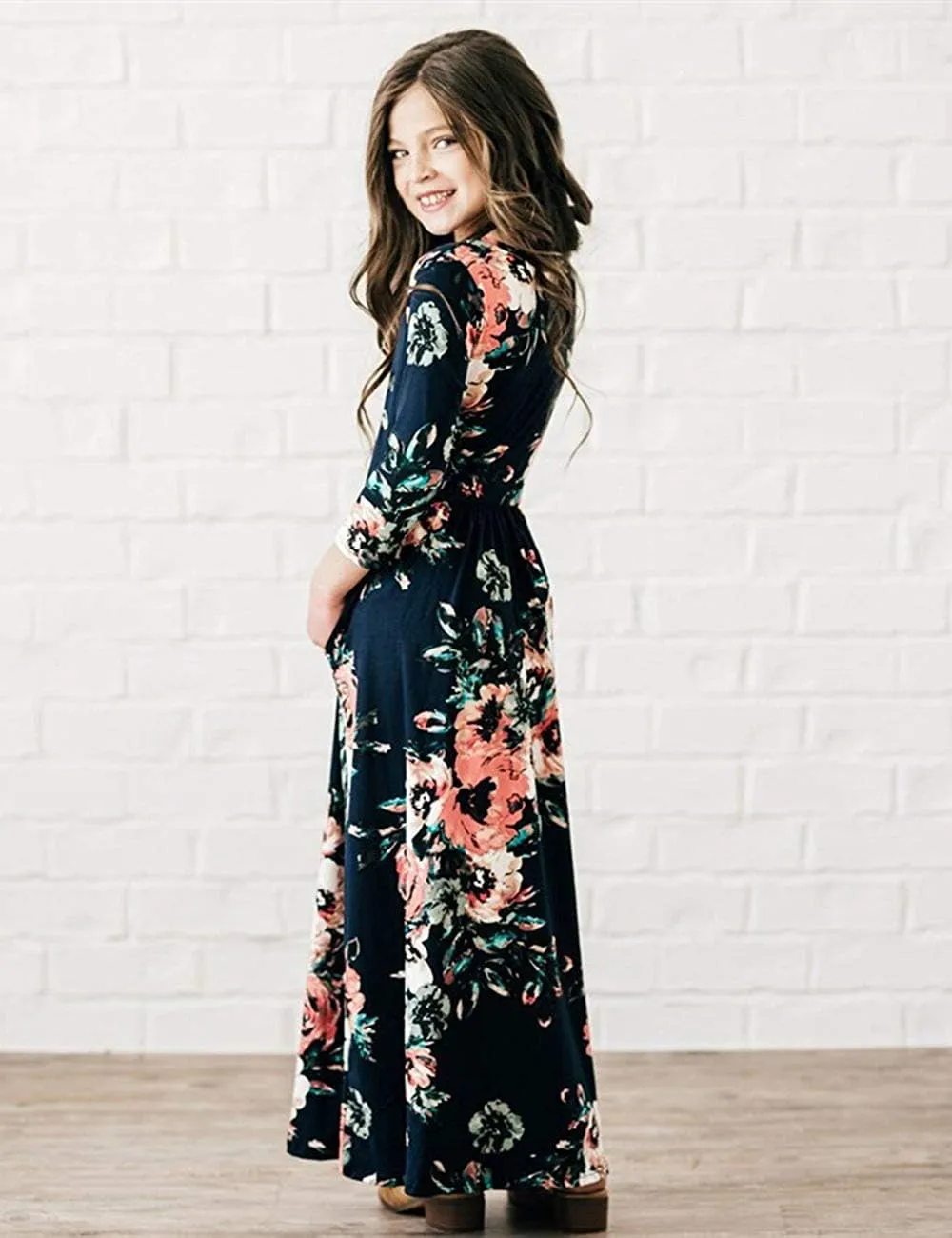 21KIDS Girls Maxi Dress Floral 3/4 Long Sleeve Dresses with Pockets for Girls 6-12 Years