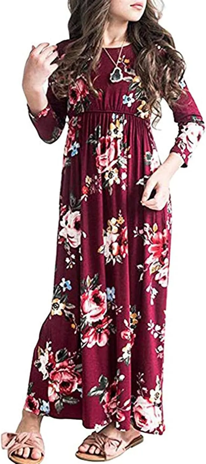 21KIDS Girls Maxi Dress Floral 3/4 Long Sleeve Dresses with Pockets for Girls 6-12 Years