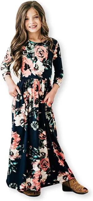21KIDS Girls Maxi Dress Floral 3/4 Long Sleeve Dresses with Pockets for Girls 6-12 Years