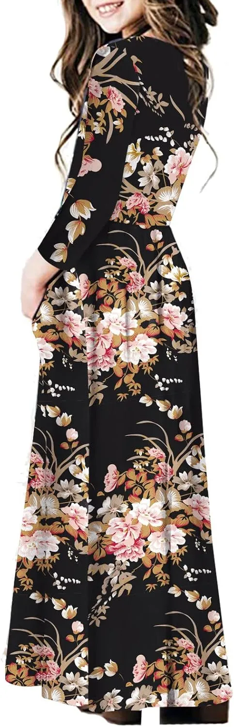 21KIDS Girls Maxi Dress Floral 3/4 Long Sleeve Dresses with Pockets for Girls 6-12 Years