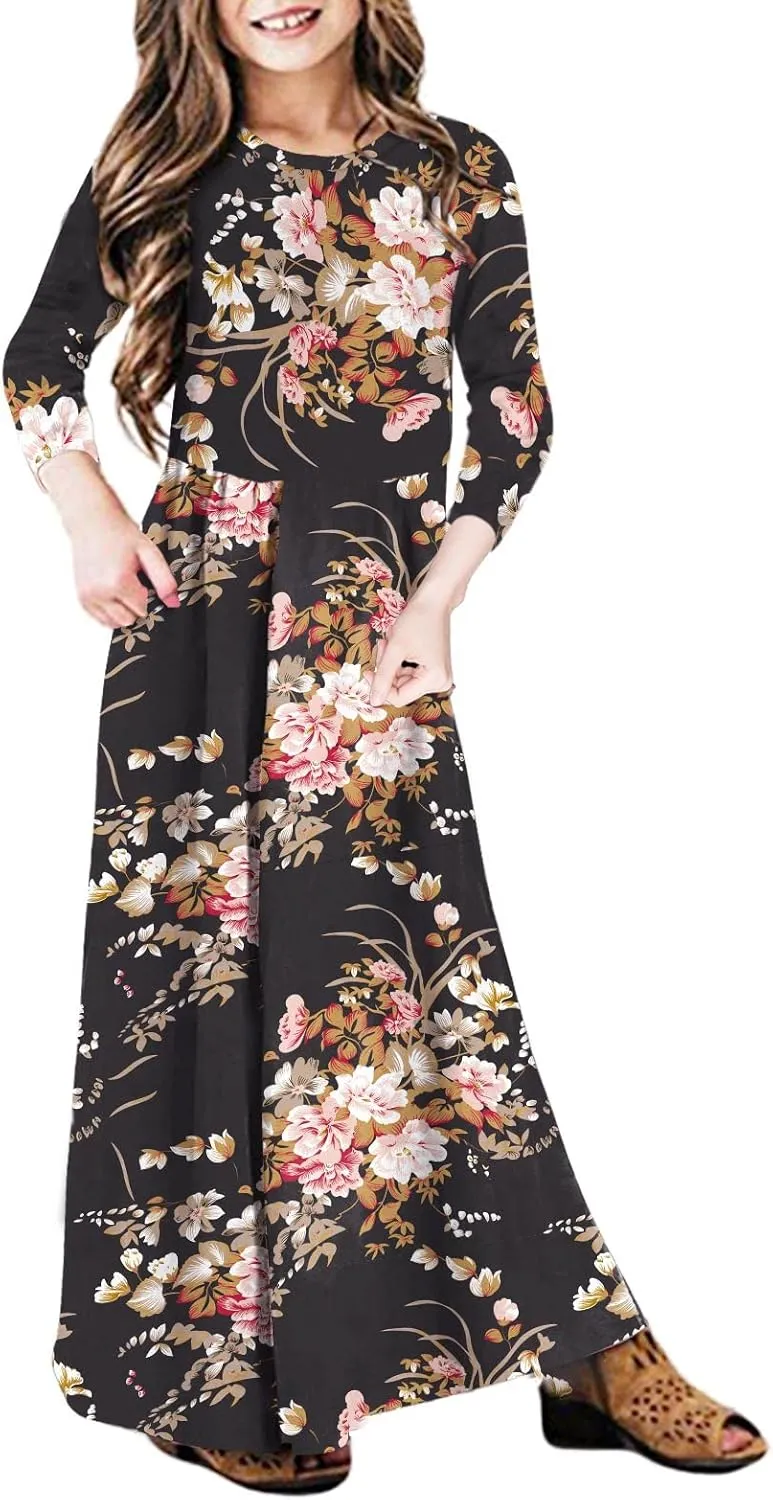 21KIDS Girls Maxi Dress Floral 3/4 Long Sleeve Dresses with Pockets for Girls 6-12 Years