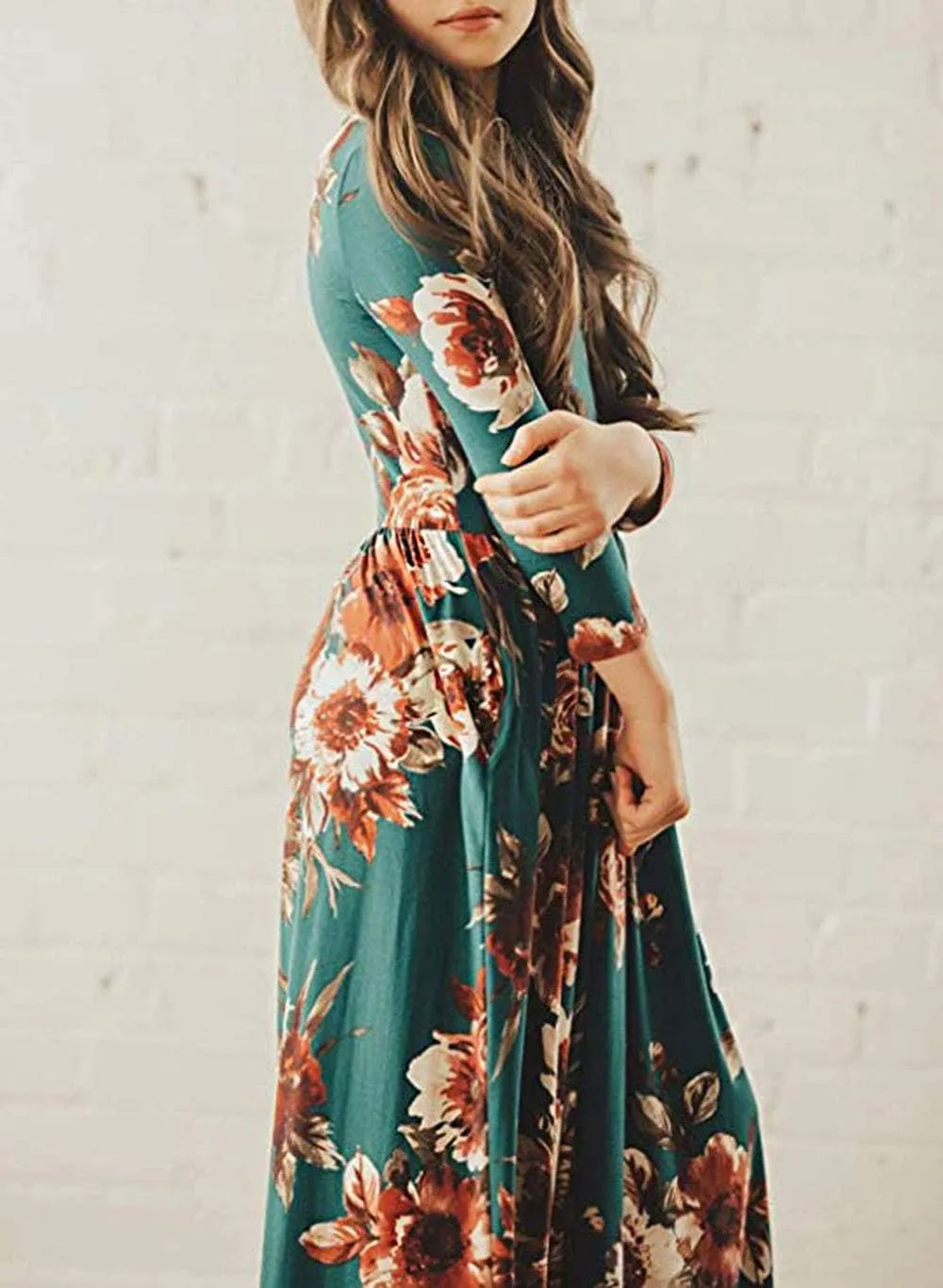 21KIDS Girls Maxi Dress Floral 3/4 Long Sleeve Dresses with Pockets for Girls 6-12 Years
