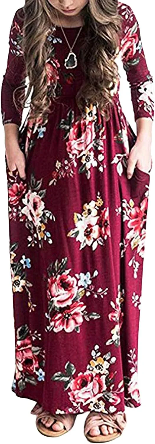 21KIDS Girls Maxi Dress Floral 3/4 Long Sleeve Dresses with Pockets for Girls 6-12 Years