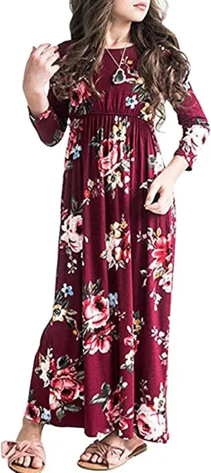 21KIDS Girls Maxi Dress Floral 3/4 Long Sleeve Dresses with Pockets for Girls 6-12 Years