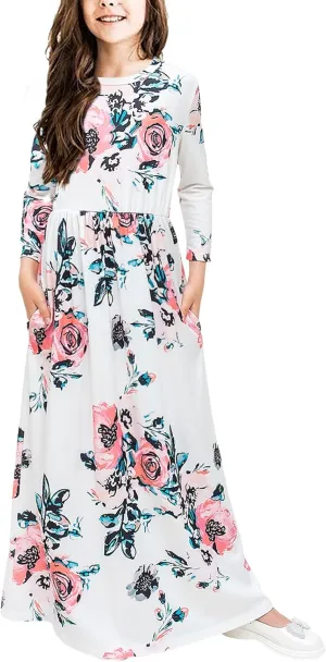 21KIDS Girls Maxi Dress Floral 3/4 Long Sleeve Dresses with Pockets for Girls 6-12 Years
