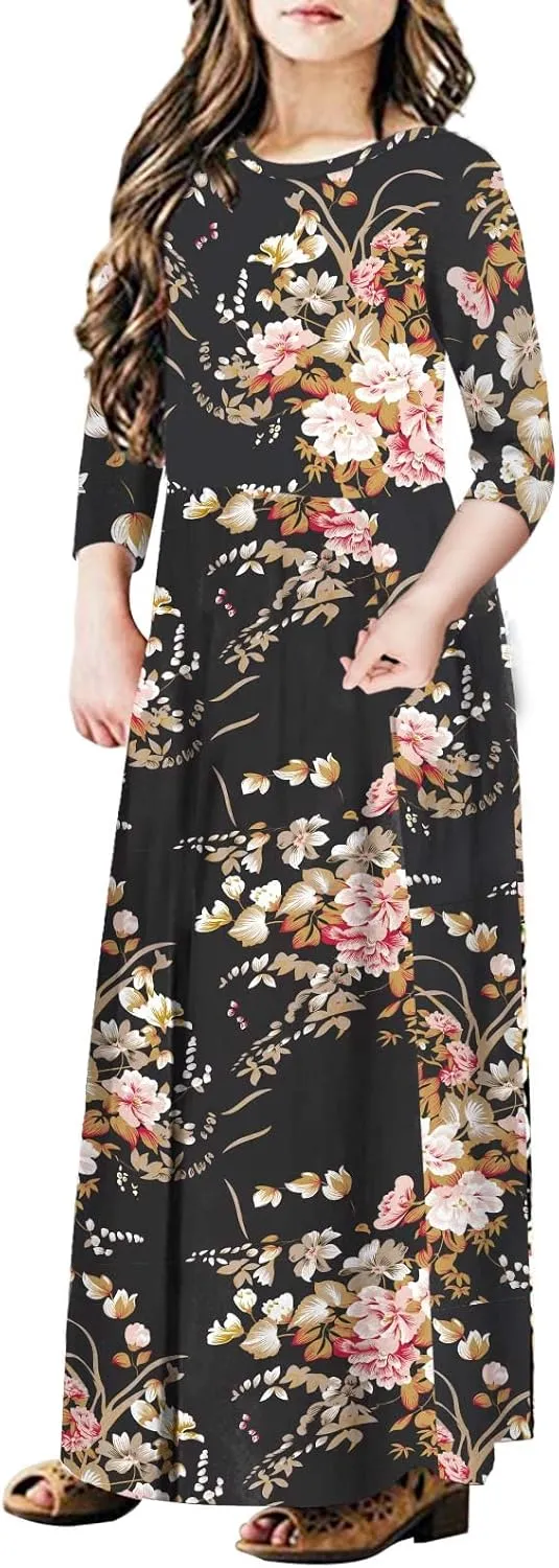 21KIDS Girls Maxi Dress Floral 3/4 Long Sleeve Dresses with Pockets for Girls 6-12 Years