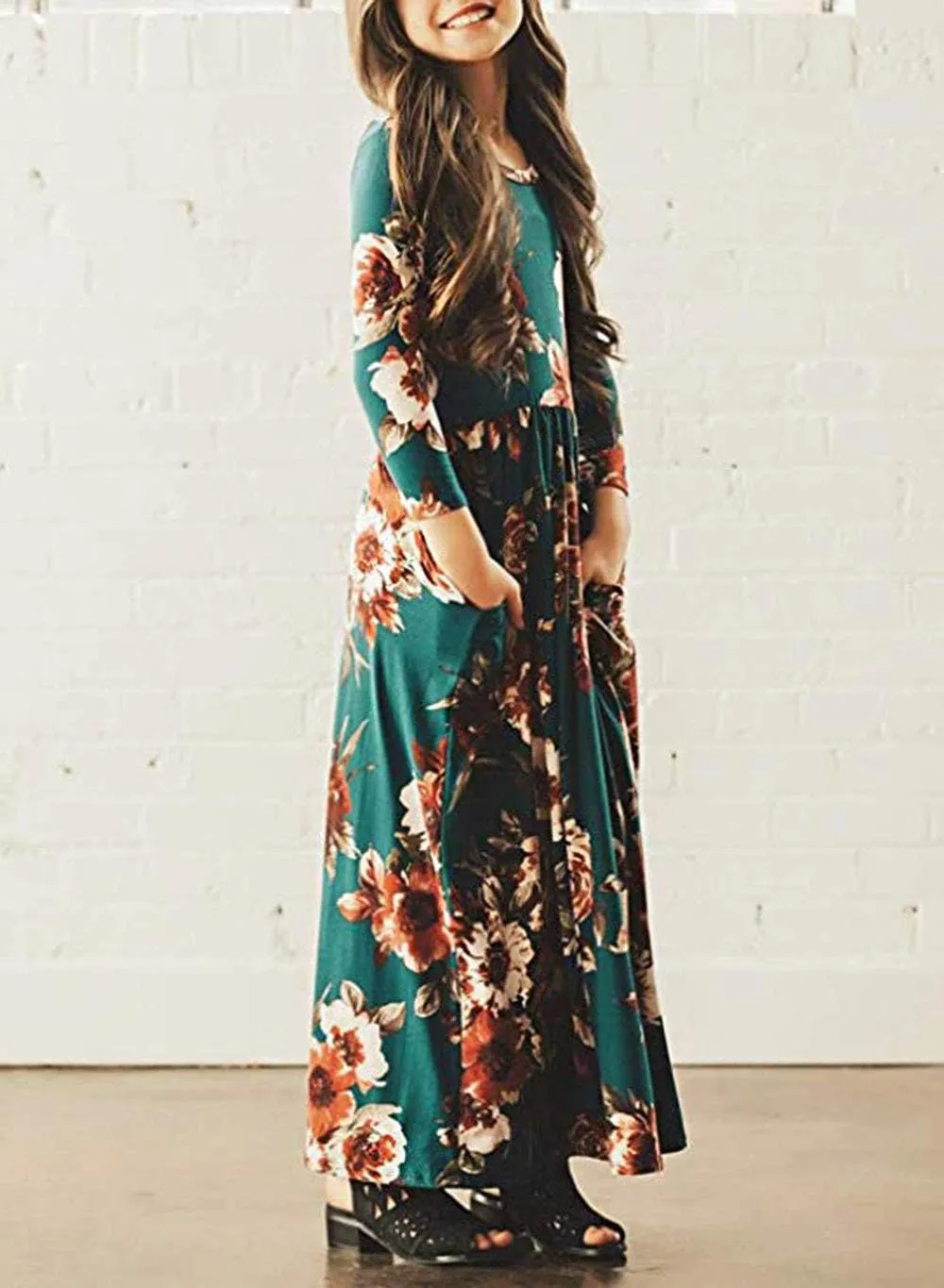 21KIDS Girls Maxi Dress Floral 3/4 Long Sleeve Dresses with Pockets for Girls 6-12 Years