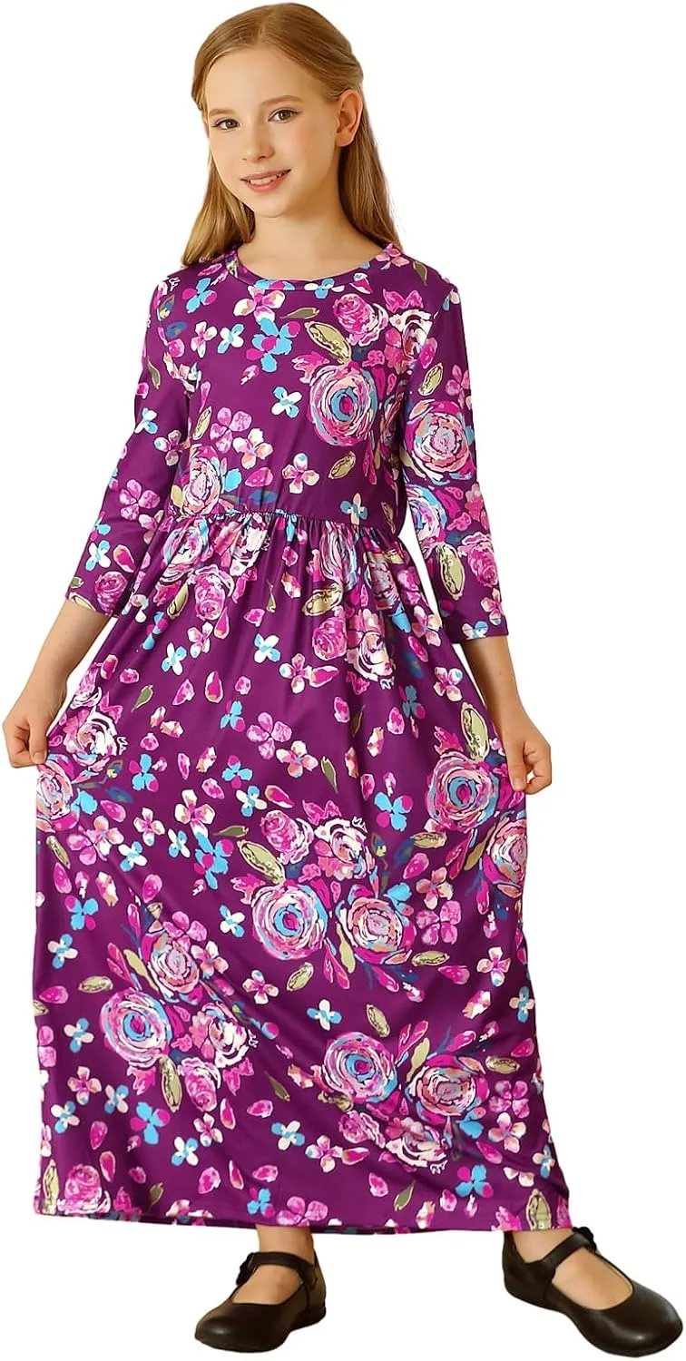 21KIDS Girls Maxi Dress Floral 3/4 Long Sleeve Dresses with Pockets for Girls 6-12 Years