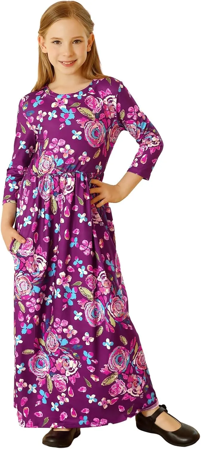 21KIDS Girls Maxi Dress Floral 3/4 Long Sleeve Dresses with Pockets for Girls 6-12 Years