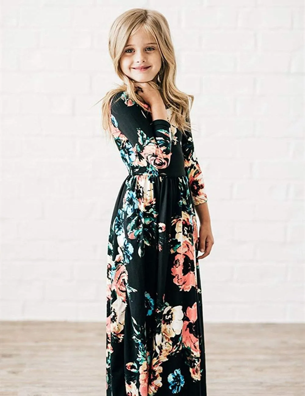 21KIDS Girls Maxi Dress Floral 3/4 Long Sleeve Dresses with Pockets for Girls 6-12 Years