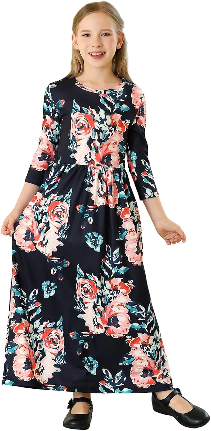 21KIDS Girls Maxi Dress Floral 3/4 Long Sleeve Dresses with Pockets for Girls 6-12 Years