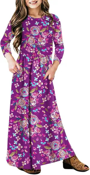 21KIDS Girls Maxi Dress Floral 3/4 Long Sleeve Dresses with Pockets for Girls 6-12 Years