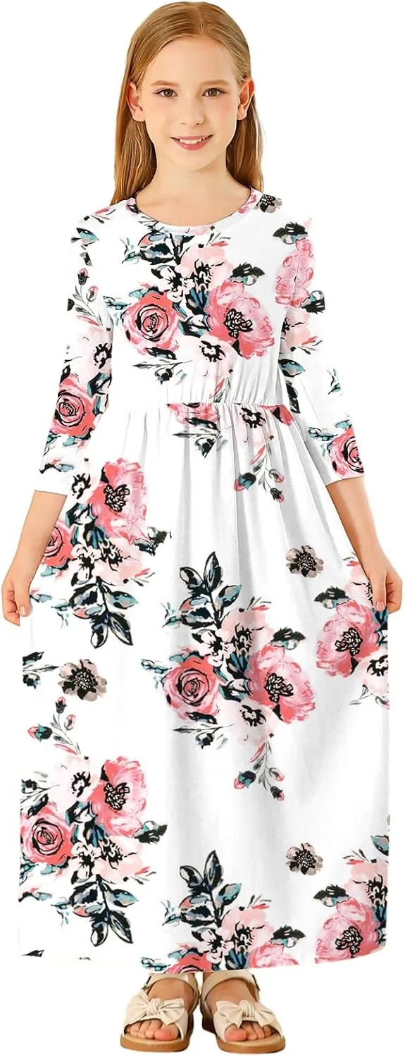 21KIDS Girls Maxi Dress Floral 3/4 Long Sleeve Dresses with Pockets for Girls 6-12 Years