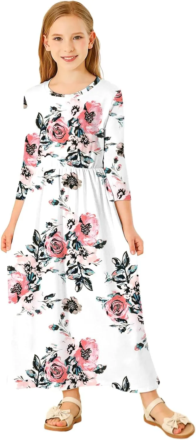 21KIDS Girls Maxi Dress Floral 3/4 Long Sleeve Dresses with Pockets for Girls 6-12 Years