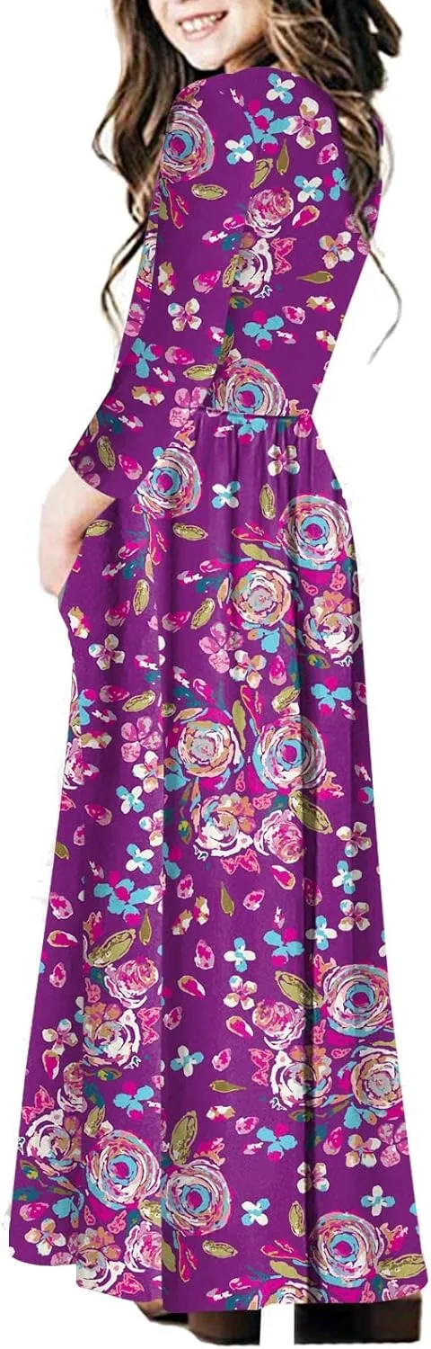 21KIDS Girls Maxi Dress Floral 3/4 Long Sleeve Dresses with Pockets for Girls 6-12 Years