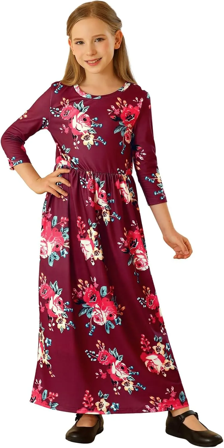 21KIDS Girls Maxi Dress Floral 3/4 Long Sleeve Dresses with Pockets for Girls 6-12 Years
