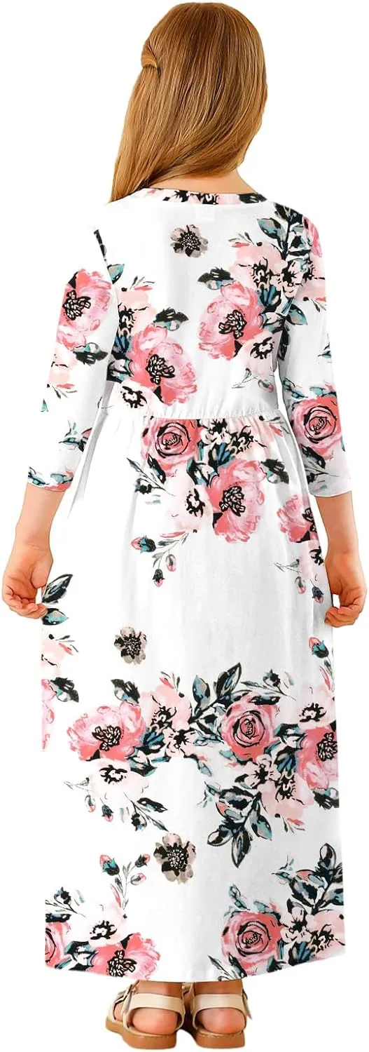 21KIDS Girls Maxi Dress Floral 3/4 Long Sleeve Dresses with Pockets for Girls 6-12 Years