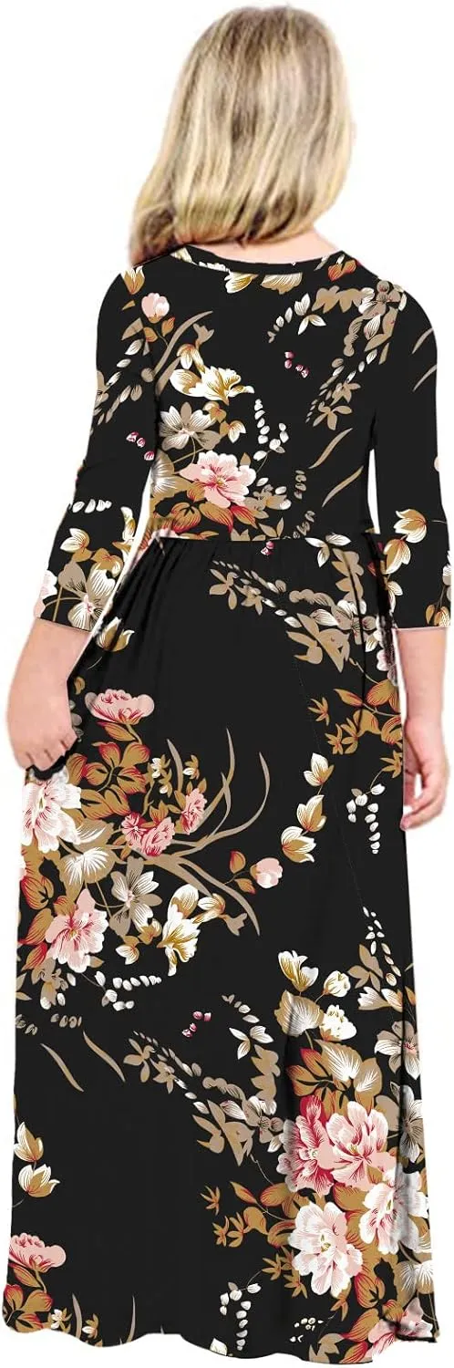 21KIDS Girls Maxi Dress Floral 3/4 Long Sleeve Dresses with Pockets for Girls 6-12 Years